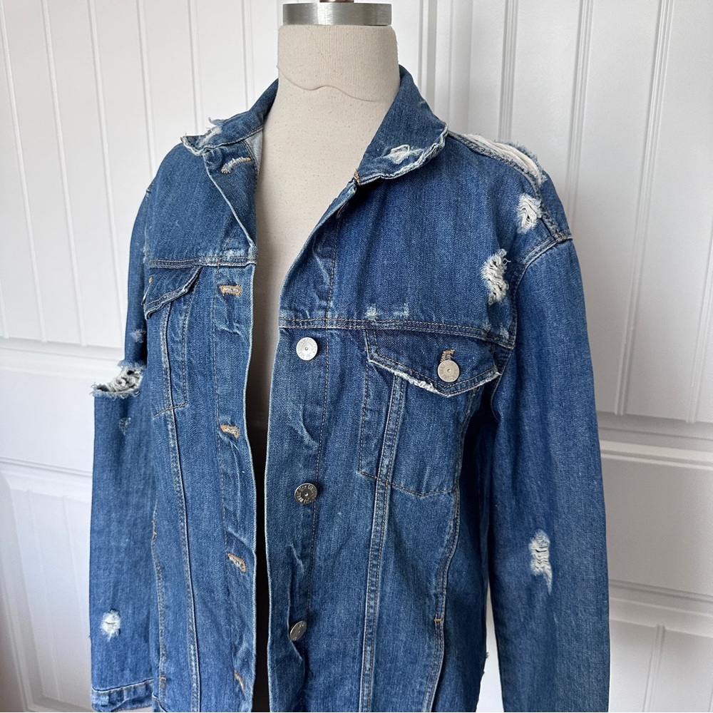 Zara Distressed Oversized Denim Jacket - Picture 2 of 7